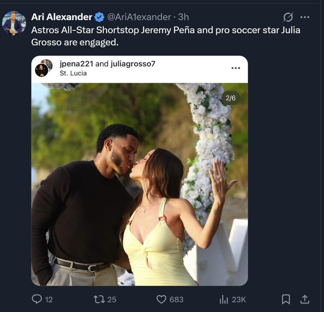 Astros All-Star Shortstop Jeremy Peña and pro soccer star Julia Grosso are engaged.