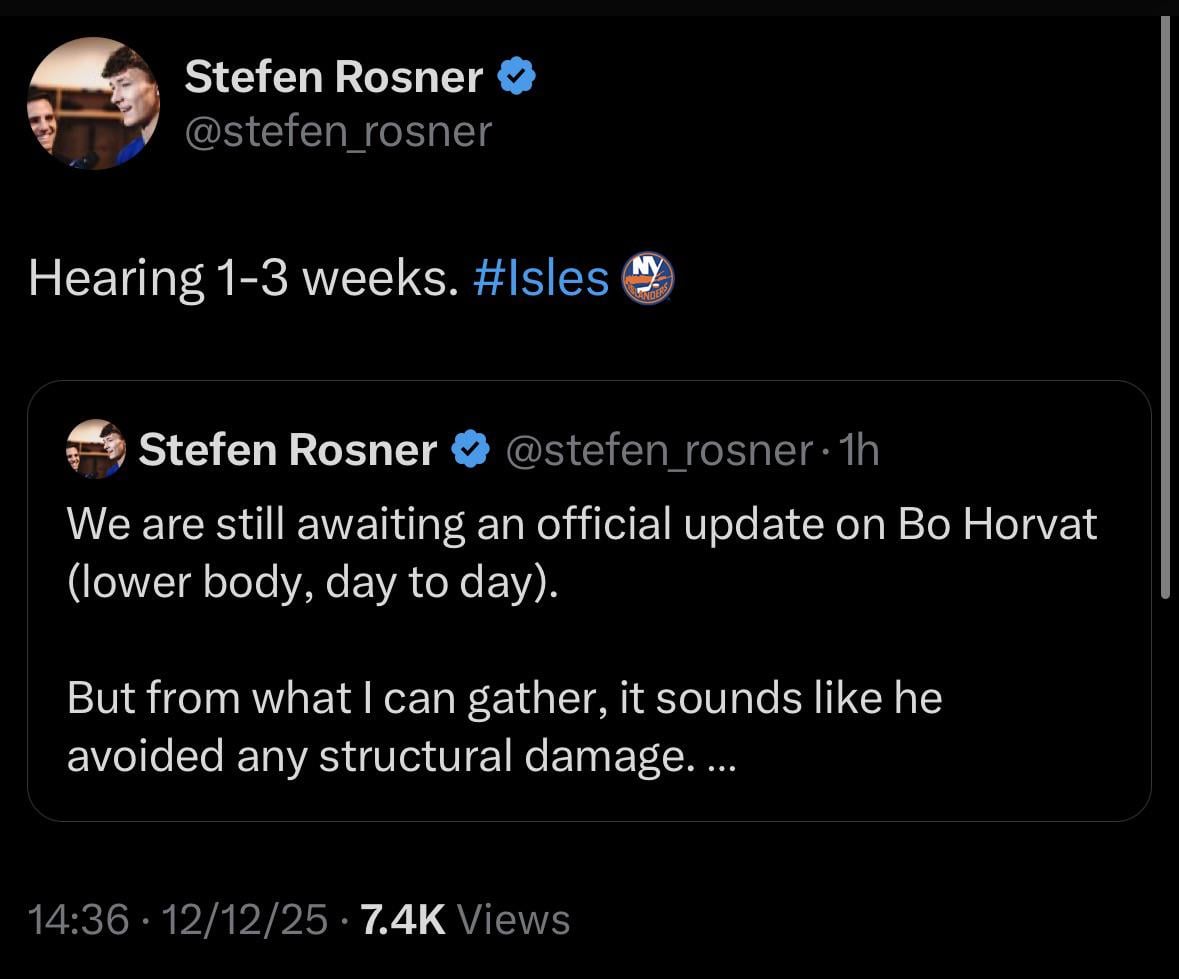 [Rosner] Sounds like Horvat avoided any structural damage, hearing 1-3 weeks