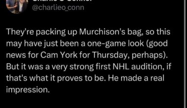 [O’Connor] They're packing up Murchison's bag, so this may have just been a one-game look (good news for Cam York for Thursday, perhaps). But it was a very strong first NHL audition, if that's what it proves to be. He made a real impression.