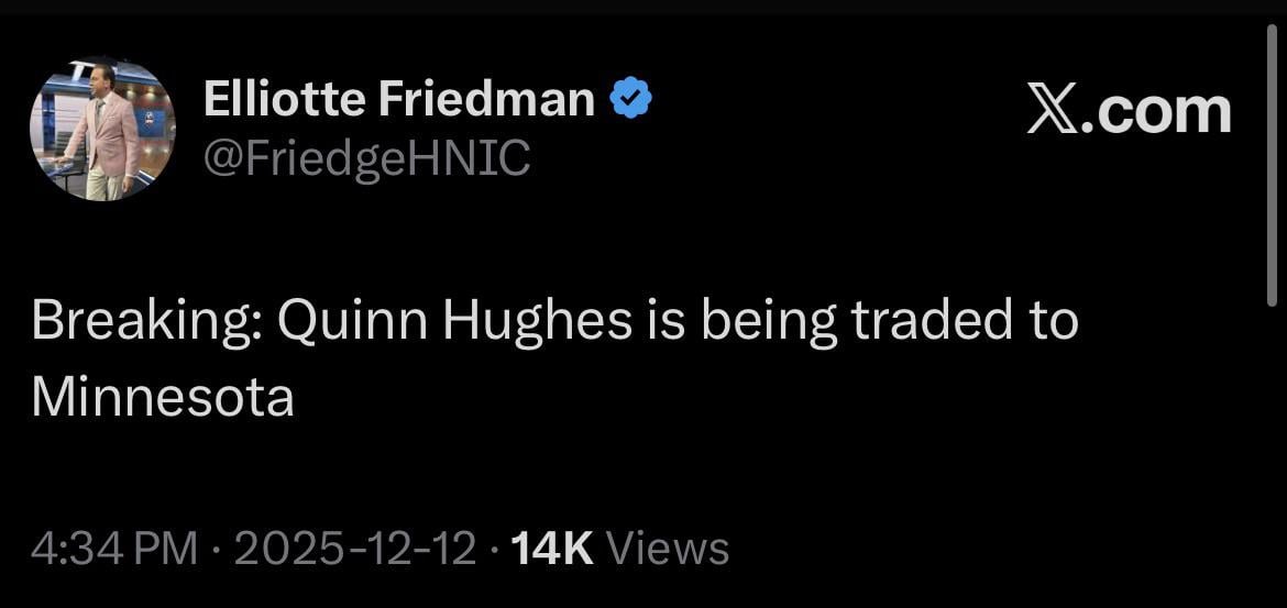 [Friedman] Breaking: Quinn Hughes is being traded to Minnesota