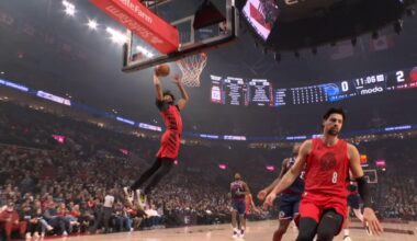 Shaedon Sharpe and Deni Avdija screenshot, after Deni lobs it to Sharpe for the alley-oop dunk. Wade and LeBron iconic picture, sort of.
