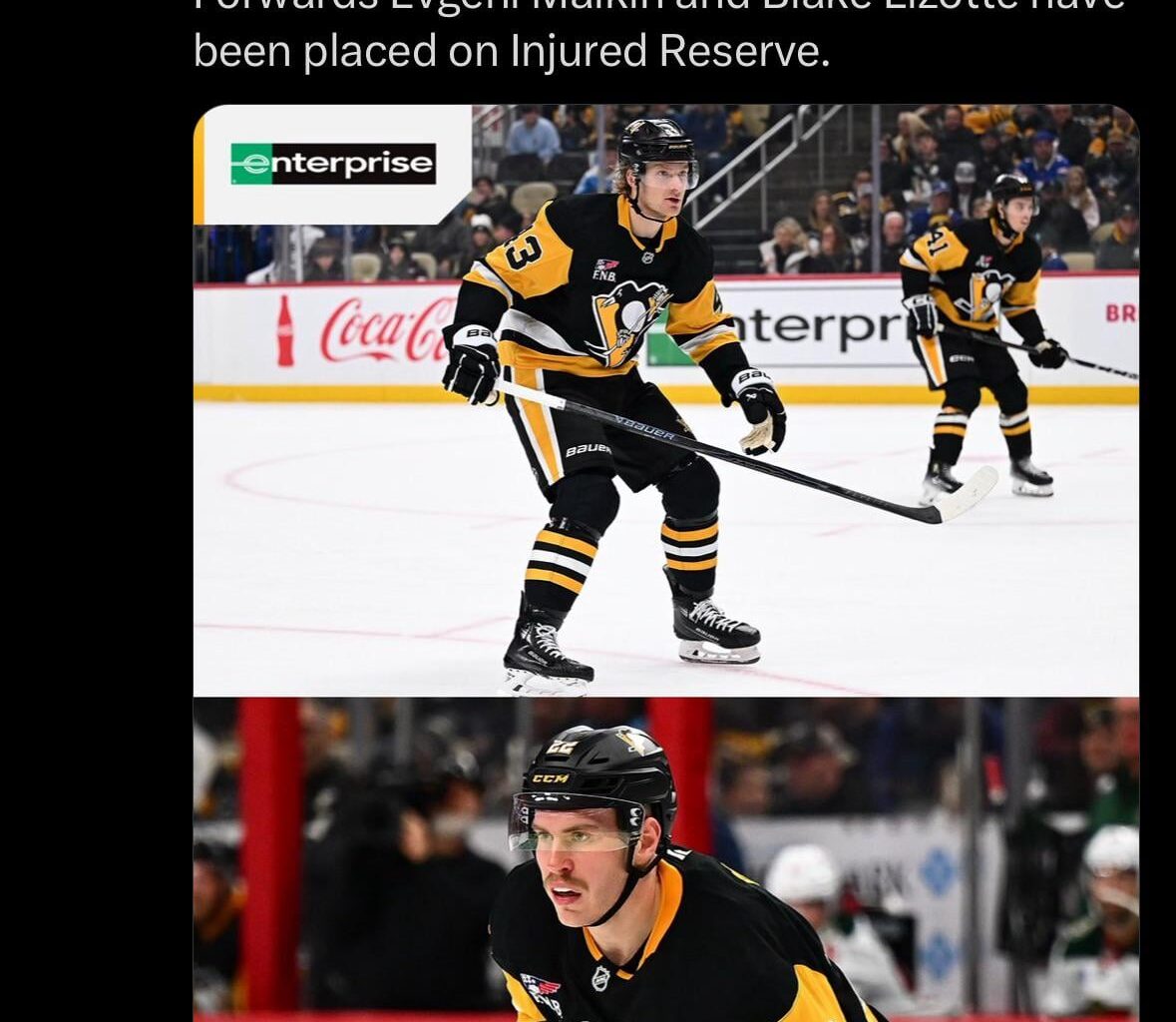 [Penguins] Forwards Danton Heinen and Sam Poulin have been recalled from the WBS Penguins (AHL). Forwards Evgeni Malkin and Blake Lizotte have been placed on Injured Reserve.