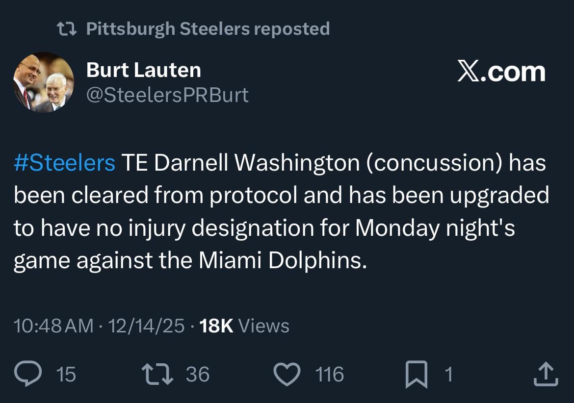 [Burt Lauten] #Steelers TE Darnell Washington (concussion) has been cleared from protocol and has been upgraded to have no injury designation for Monday night's game against the Miami Dolphins.