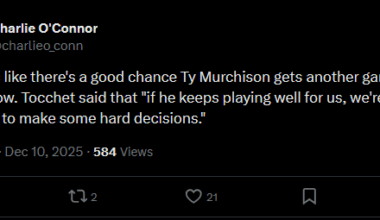 [O'Connor] Sounds like there's a good chance Ty Murchison gets another game tomorrow. Tocchet said that "if he keeps playing well for us, we're going to have to make some hard decisions."