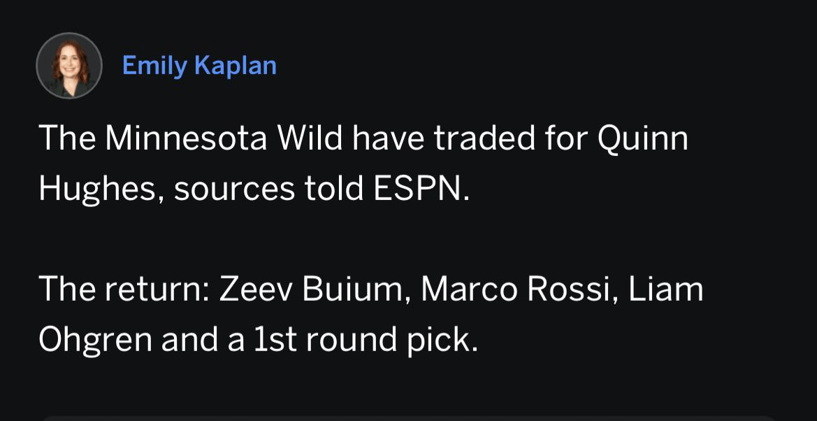 Quinn Hughes is no longer in the Pacific Division