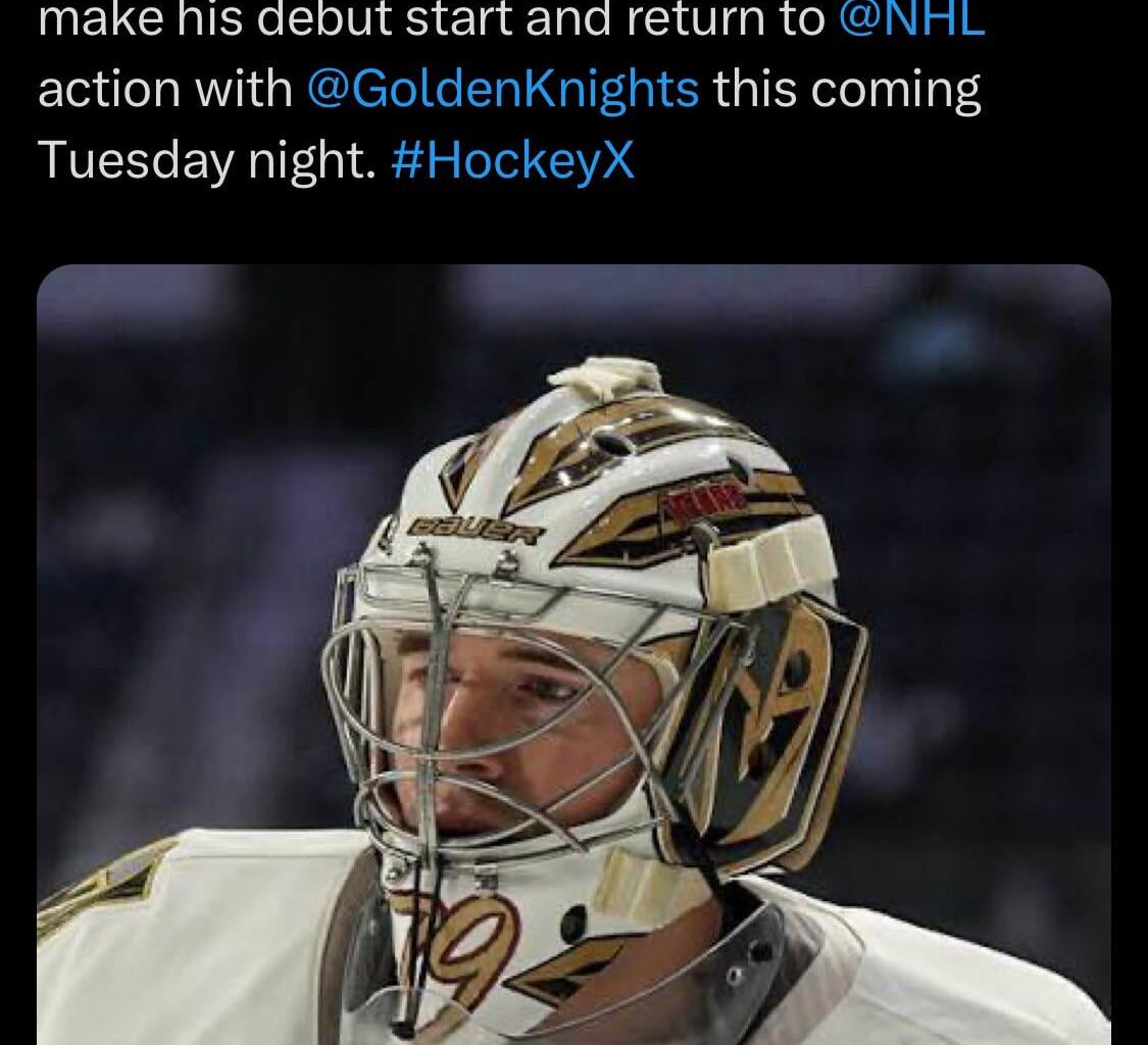 [Weekes] Per sources, I’m told G Carter Hart is likely to make his debut start and return to NHL action with GoldenKnights this coming Tuesday night