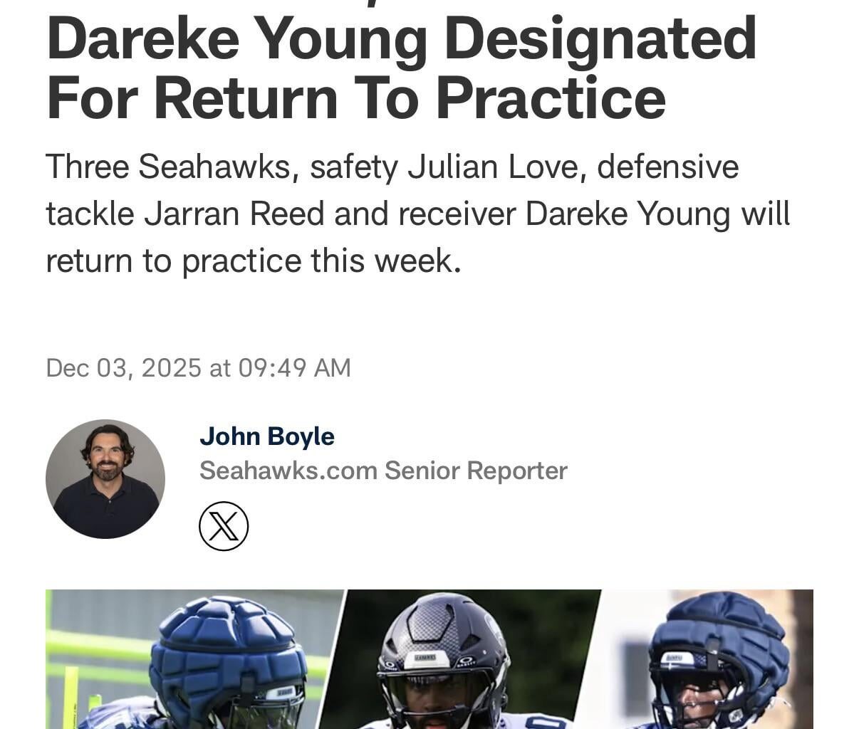Julian Love, Jarran Reed, Dareke Young have been taken OFF IR and have returned to practice!!!