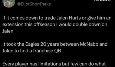 [Eliot Shorr-Parks] If it comes down to trade Jalen Hurts or give him an extension this offseason I would double down on Jalen It took the Eagles 20 years between McNabb and Jalen to find a franchise QB Every player has limitations but few can do what Jalen does in Philly