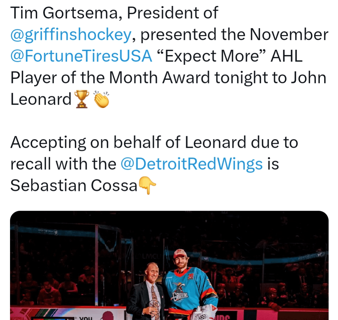 Not only does Leonard have 2 goals and 3 points in his 4 Red Wings games played this season, but he was also presented with his November AHL Player of the Month Award yesterday. Congratulations John!!