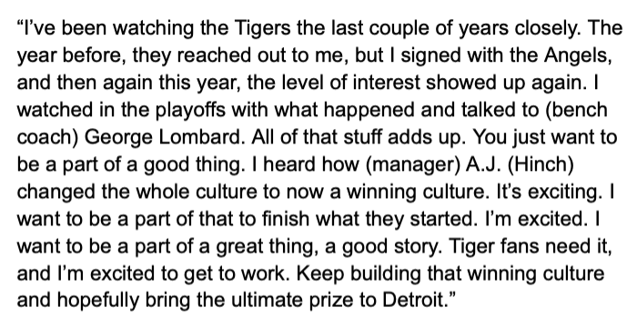 [Petzold] Why did Kenley Jansen want to sign with the Tigers? "I heard how A.J. changed the whole culture to now a winning culture. I want to be a part of that to finish what they started. I want to be a part of a good story. Tiger fans need it, and I'm excited to get to work."