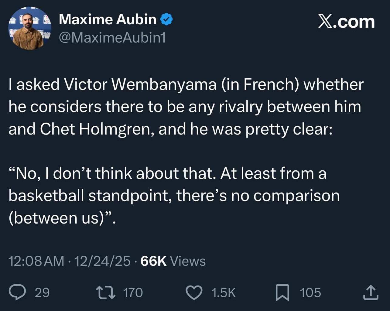 [Aubin] I asked Victor Wembanyama (in French) whether he considers there to be any rivalry between him and Chet Holmgren, and he was pretty clear: “No, I don’t think about that. At least from a basketball standpoint, there’s no comparison (between us)”.