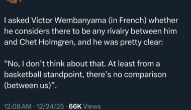 [Aubin] I asked Victor Wembanyama (in French) whether he considers there to be any rivalry between him and Chet Holmgren, and he was pretty clear: “No, I don’t think about that. At least from a basketball standpoint, there’s no comparison (between us)”.