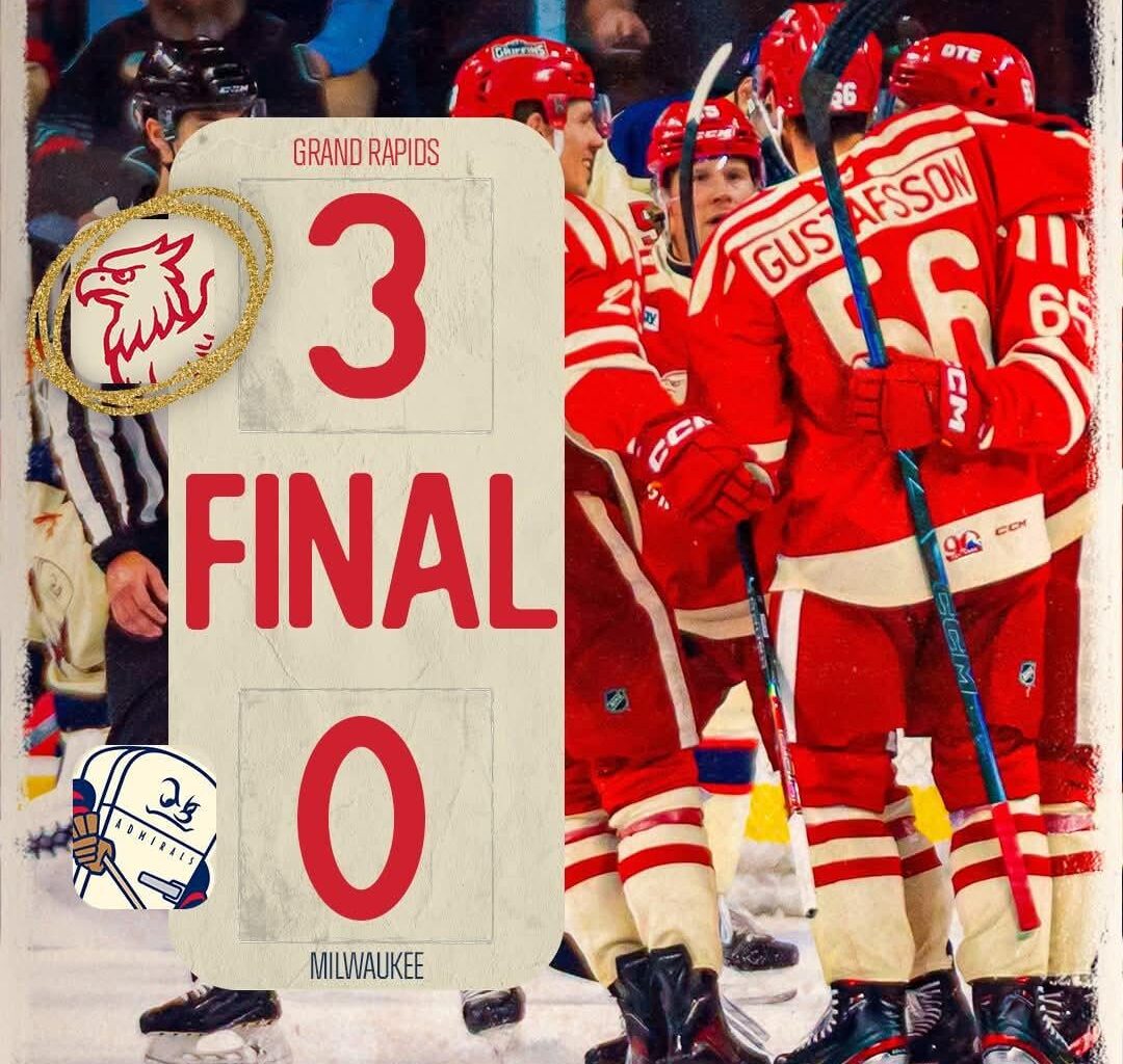 The griffins win 3-0 against the admirals meanwhile sebastion cossa gets another shutout