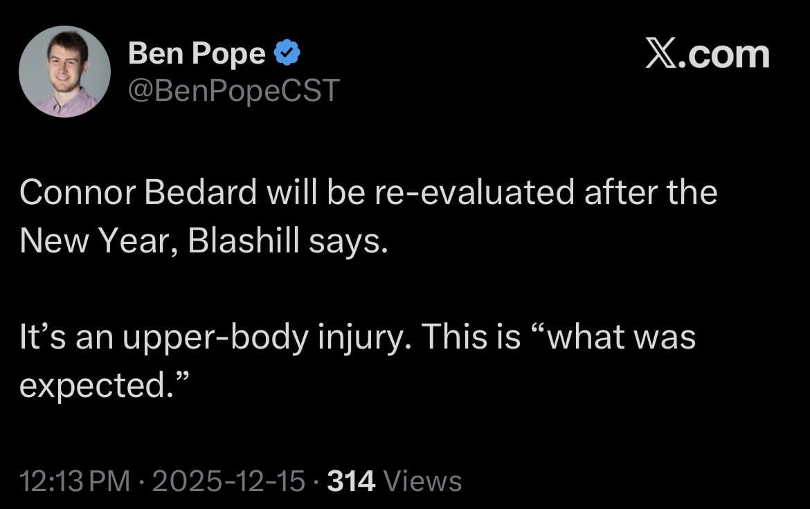 Connor Bedard out until at last New Years