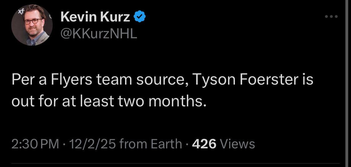 [Kurz] Per a Flyers team source, Tyson Foerster is out for at least two months.