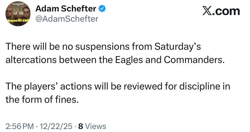 [Schefter] No Suspensions from Saturday’s altercation between the Eagles and Commanders
