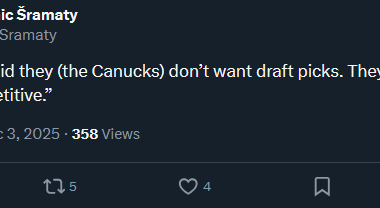 [Dominic Sramaty] Rick Dhaliwal just said the Canucks don't want draft picks. They want to "stay competitive."