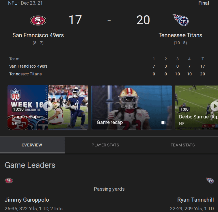 The last matchup between the Titans and 49ers was on December 23, 2021, with the Titans winning 20-17.