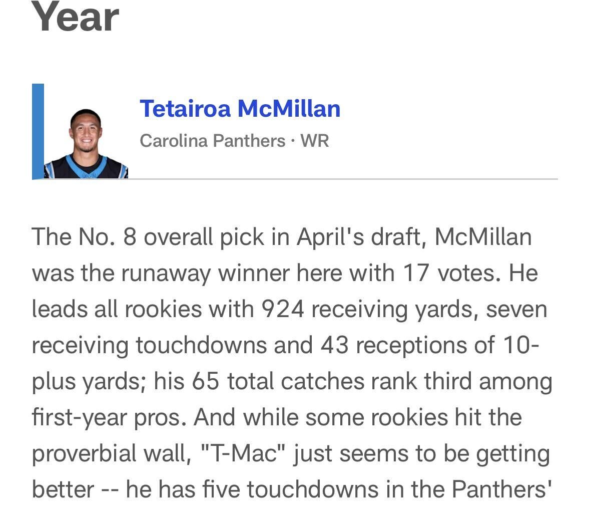 Tom Pelissero reports that 17 NFL GMs favor Tetairoa McMillan for OROTY
