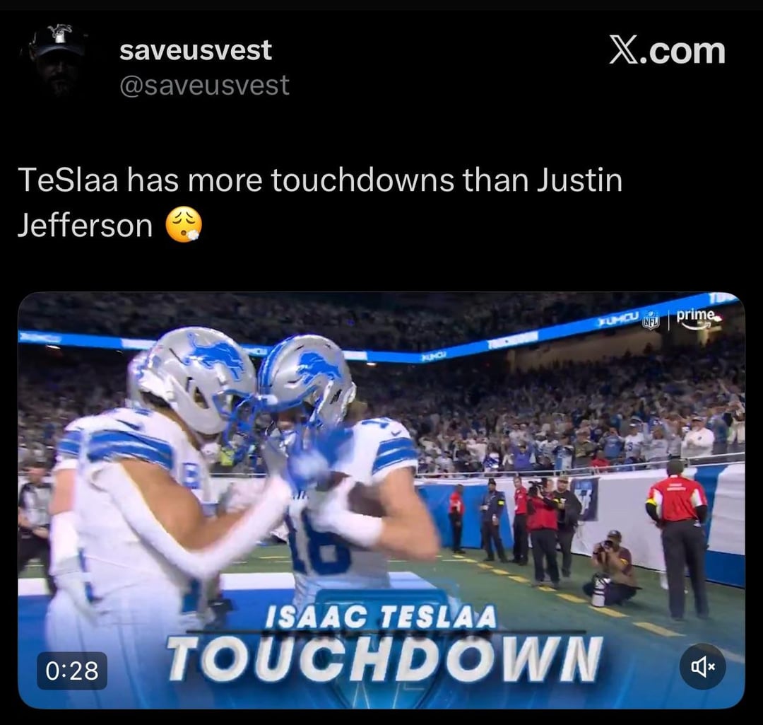 Teslaa now has twice as many TDs (4) as Justin Jefferson (2) 🤯