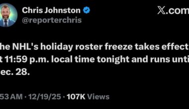‪[reporterchris] “The NHL's holiday roster freeze takes effect at 11:59 p.m. local time tonight and runs until Dec. 28.”‬