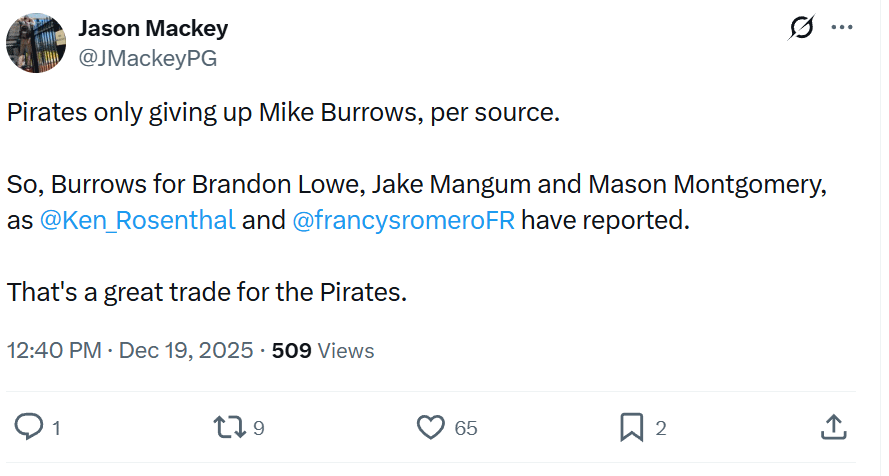 Mackey: Pirates only trading Burrows for Lowe, Montgomery and Mangum