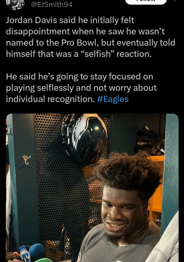 [EJ Smith] Jordan Davis said he initially felt disappointment when he saw he wasn’t named to the Pro Bowl, but eventually told himself that was a “selfish” reaction. He said he’s going to stay focused on playing selflessly and not worry about individual recognition