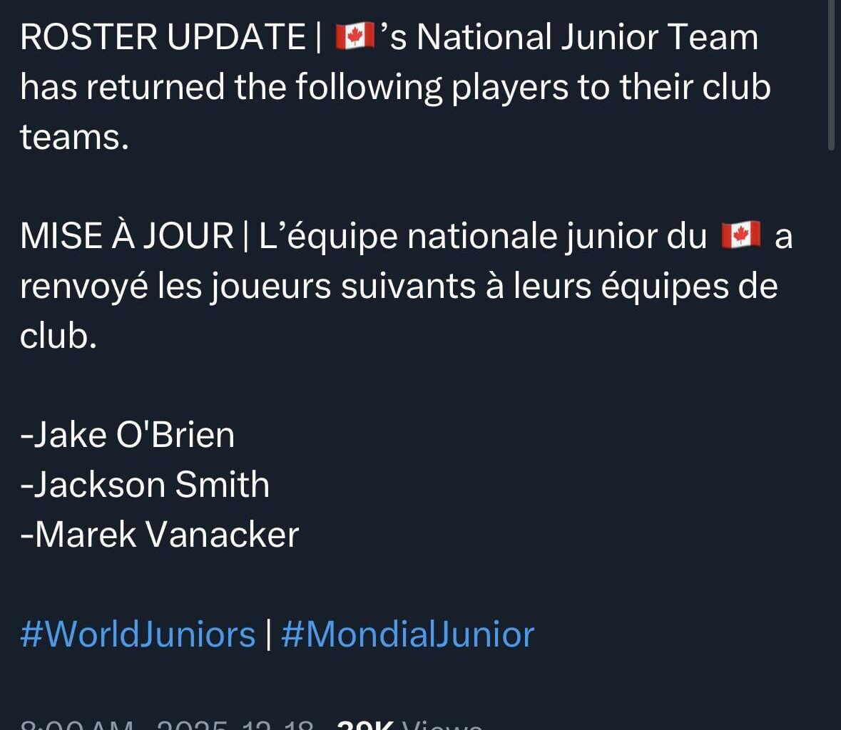 Jake O’Brien cut from Canada’s World Juniors team
