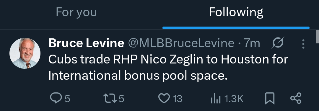 [Levine] Cubs trade RHP Nico Zeglin to Houston for International bonus pool space.