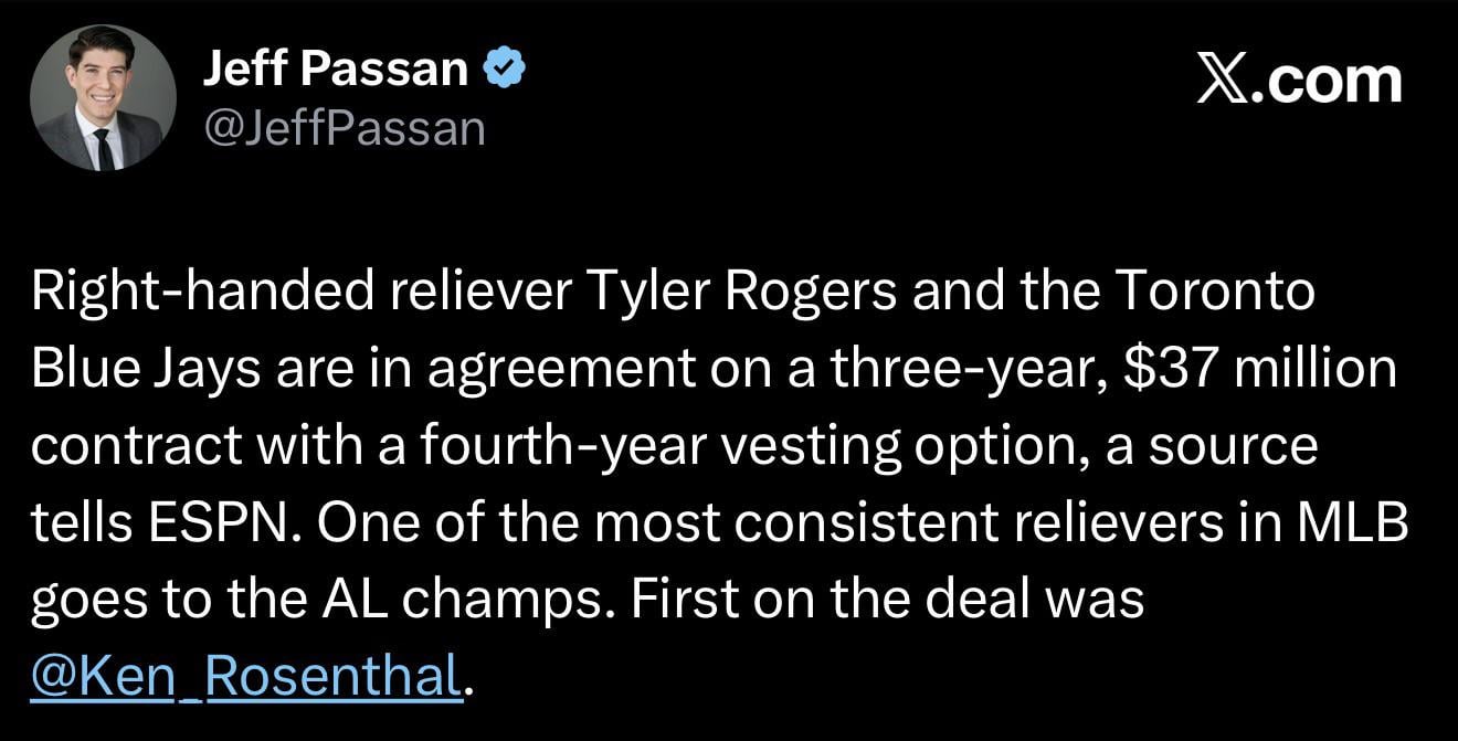 [Passan] Tyler Rogers In Agreement With Toronto