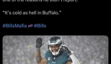 [Talbot] After living in tropical weather cities like Detroit, Philadelphia and Pittsburgh in his 13-year NFL career, Darius Slay cited Buffalo’s weather as one of the reasons he didn’t report. “It’s cold as hell in Buffalo.”