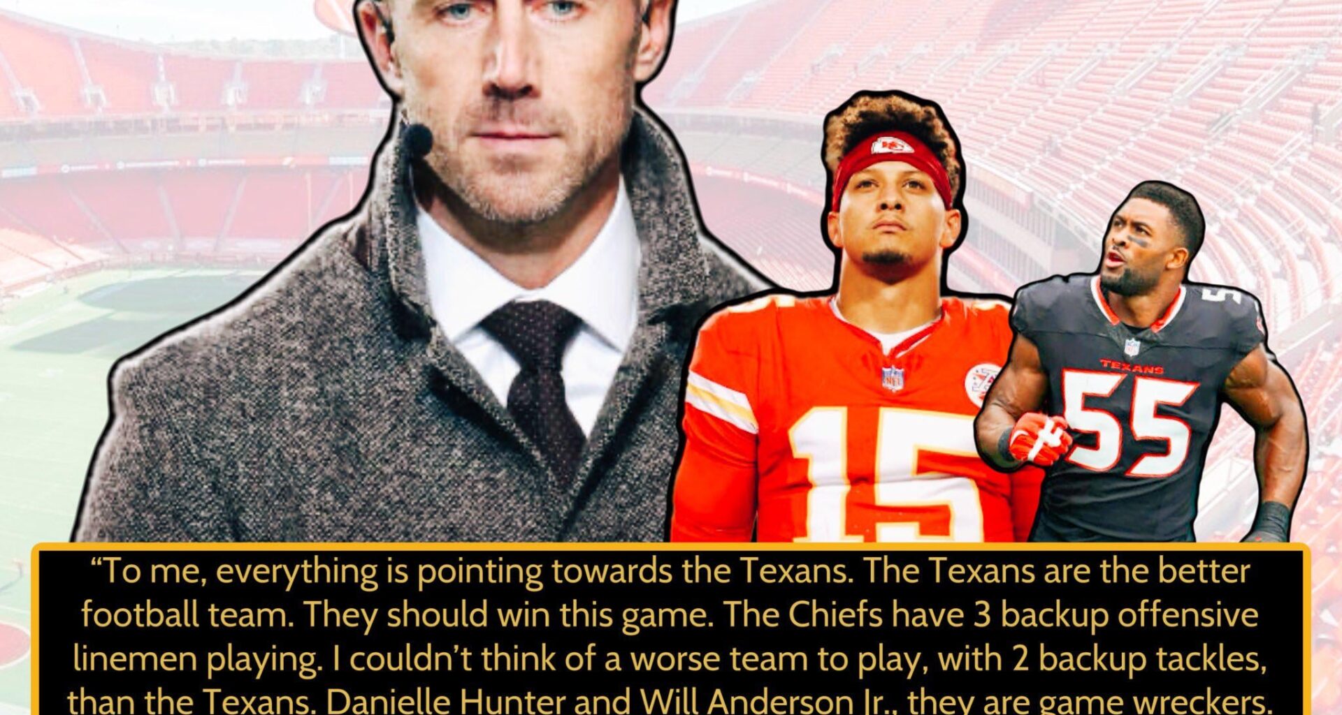 Alex Smith said the Texans are “the better football team” and expects them to beat the Chiefs. “I don’t care if it’s at Arrowhead.”