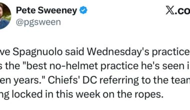 [Pete Sweeney] Steve Spagnuolo said Wednesday’s practice was the “best no-helmet practice he’s seen in seven years.” Chiefs DC referring to the team being locked in this week on the ropes.