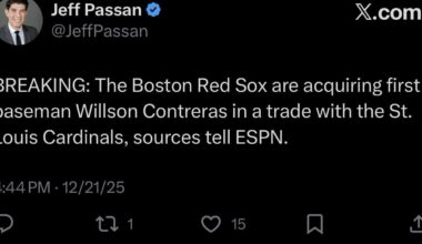 [Passan] BREAKING: The Boston Red Sox are acquiring first baseman Willson Contreras in a trade with the St. Louis Cardinals, sources tell ESPN.