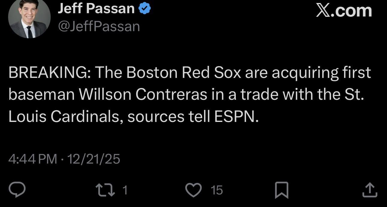 [Passan] BREAKING: The Boston Red Sox are acquiring first baseman Willson Contreras in a trade with the St. Louis Cardinals, sources tell ESPN.
