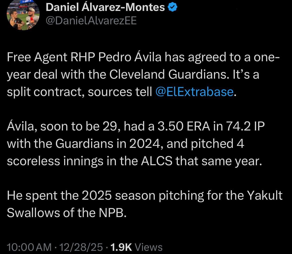 [Álvarez-Montes] Free Agent RHP Pedro Avila has agreed to a one-year deal with the Cleveland Guardians. It’s a split contract.