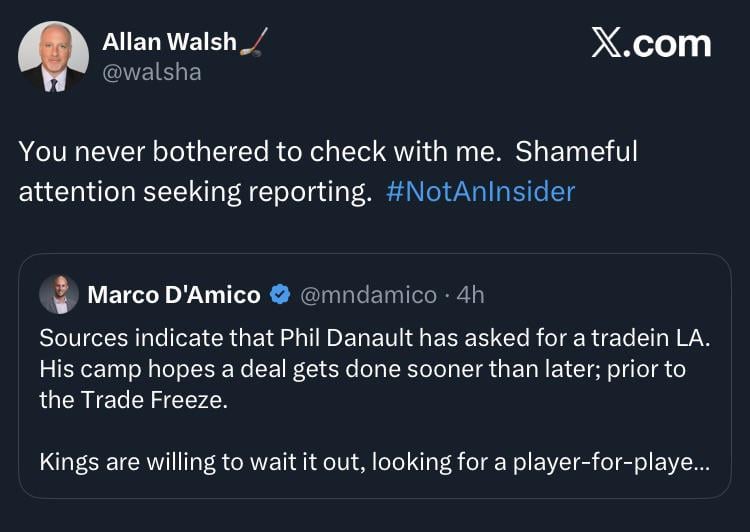 Plot thickens - [Phil Danault’s agent Allan Walsh] You never bothered to check with me. Shameful attention seeking reporting.