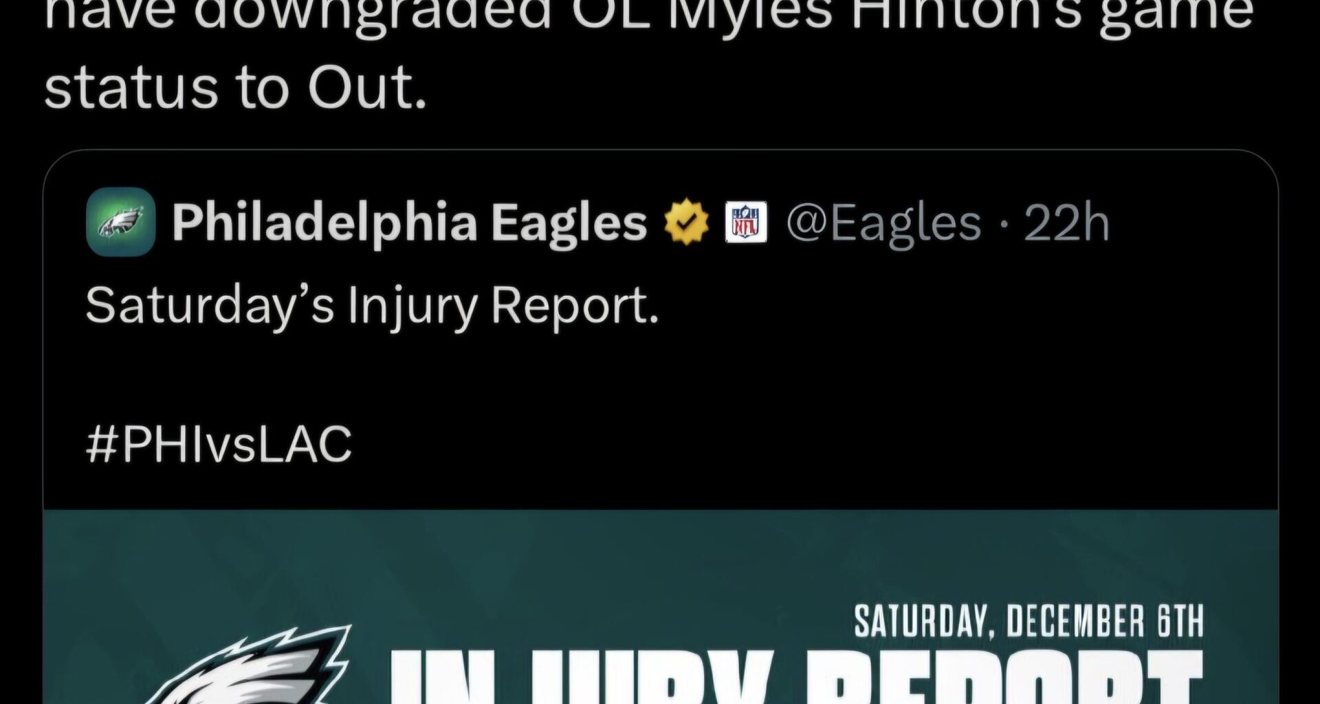 [Eagles] We have waived WR Xavier Gipson and have downgraded OL Myles Hinton's game status to OUT