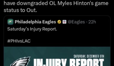 [Eagles] We have waived WR Xavier Gipson and have downgraded OL Myles Hinton's game status to OUT