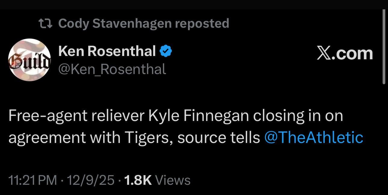 Free-agent reliever Kyle Finnegan closing in on agreement with Tigers, source tells TheAthletic