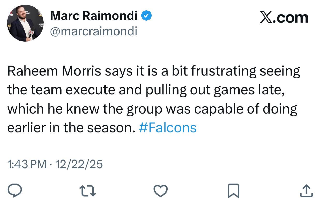 [Raimondi] Raheem Morris says it is a bit frustrating seeing the team execute and pulling out games late, which he knew the group was capable of doing earlier in the season.