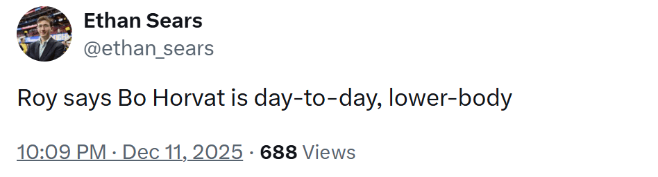 [Sears]: Roy says Bo Horvat is day-to-day, lower-body