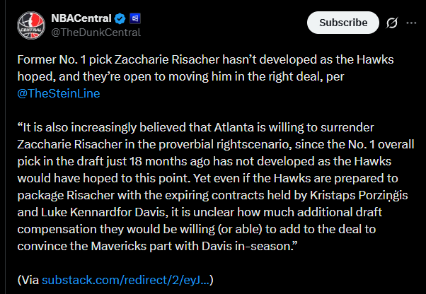 [TheSteinLine]“It is also increasingly believed that Atlanta is willing to surrender Zaccharie Risacher in the proverbial rightscenario, since the No. 1 overall pick in the draft just 18 months ago has not developed as the Hawks would have hoped to this point."