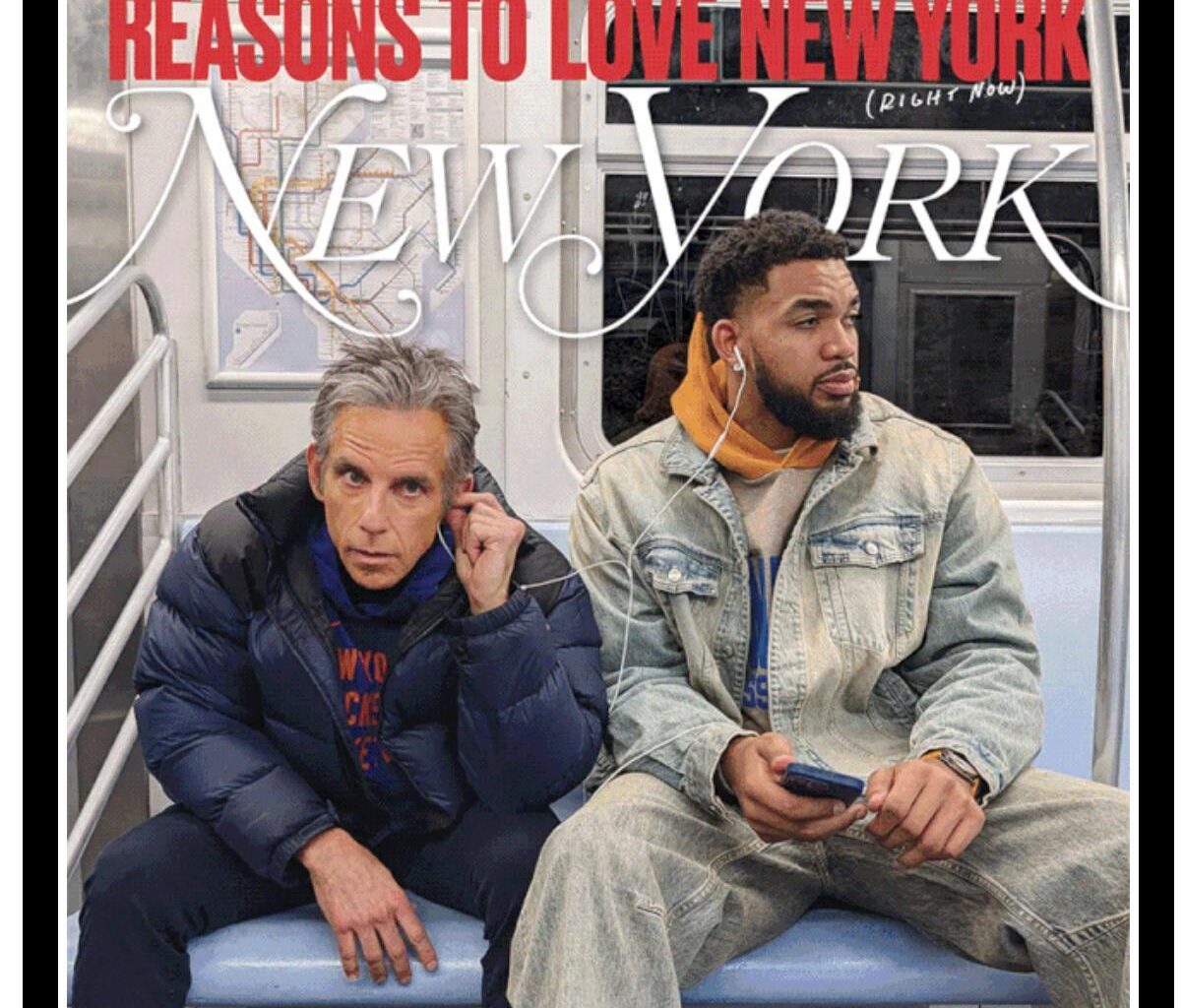 Ben Stiller & Karl-Anthony Towns share a pair of headphones on the cover of New York Magazine’s “Reasons to Love New York” issue