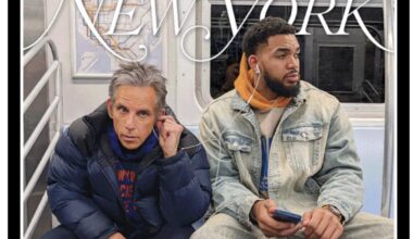 Ben Stiller & Karl-Anthony Towns share a pair of headphones on the cover of New York Magazine’s “Reasons to Love New York” issue