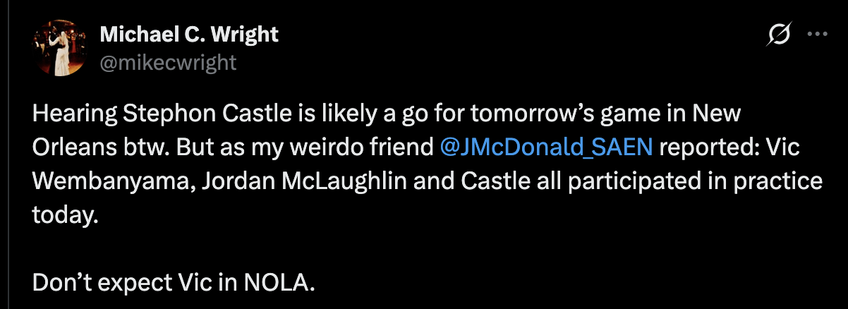 [Wright] Steph Castle (likely) back tomorrow!