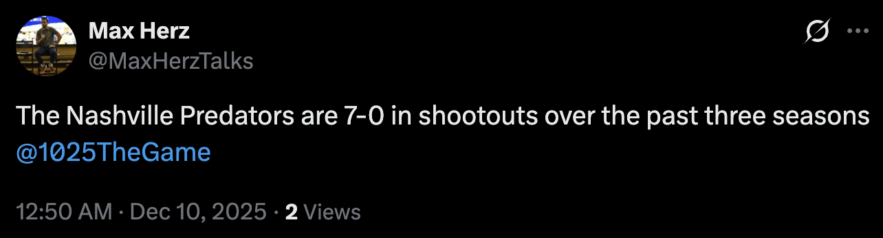 [Herz] The Nashville Predators are 7-0 in shootouts over the past three seasons