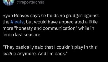 [Johnston] Ryan Reaves says he holds no grudges against the #leafs, but would have appreciated a little more "honesty and communication" while in limbo last season: "They basically said that I couldn't play in this league anymore. And I'm back."