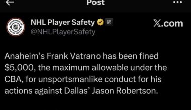 [NHL Player Safety] Anaheim’s Frank Vatrano has been fined $5,000, the maximum allowable under the CBA, for unsportsmanlike conduct for his actions against Dallas’ Jason Robertson.