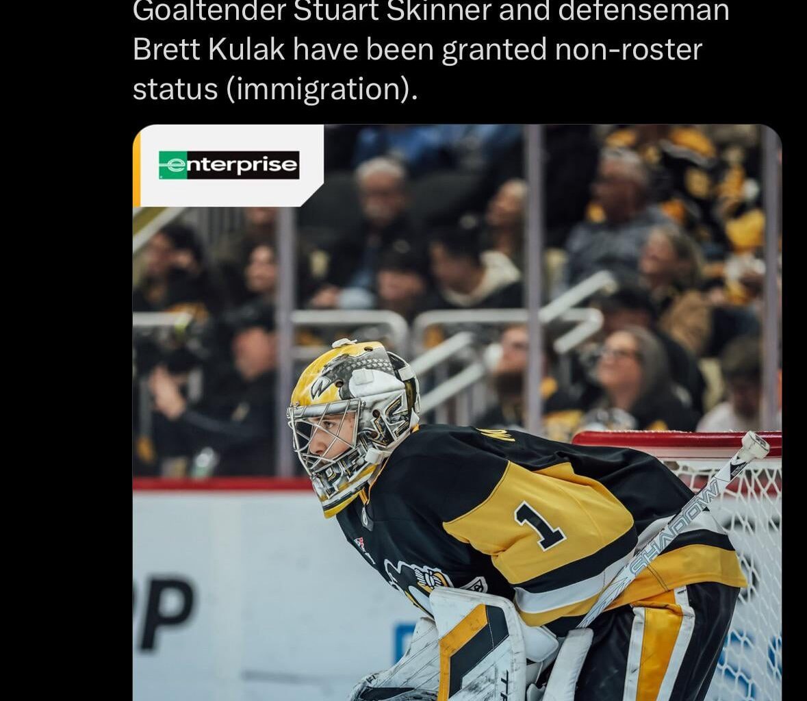 [Penguins] The Penguins have recalled goaltender Sergei Murashov from the WBS Penguins (AHL) on an emergency basis. Goaltender Stuart Skinner and defenseman Brett Kulak have been granted non-roster status (immigration).